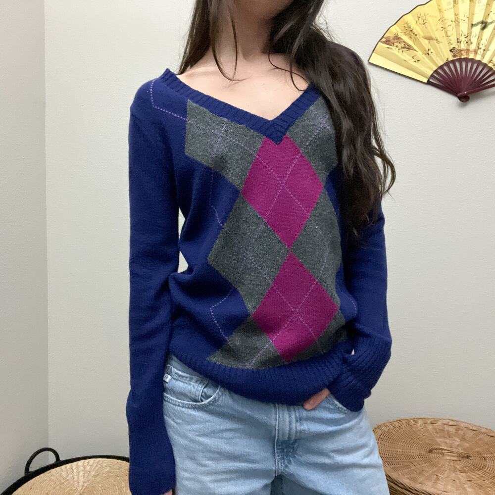 y2k purple preppy academia argyle v neck wool cotton blend sweater